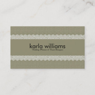 Sage Green Linen Texture & White Lace Business Card