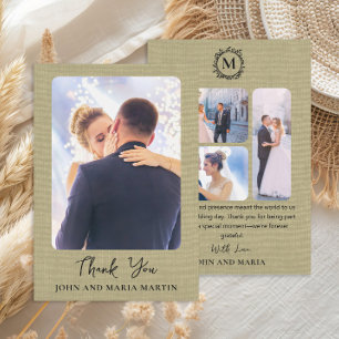 Sage Green Linen Wedding Photo Collage Thank You Card
