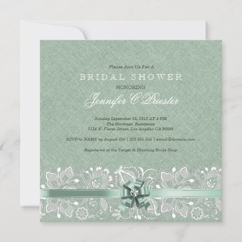 Sage_Green Linen  White Lace Bridal Shower Invitation