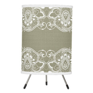 Sage-green Linen & White Lace Tripod Lamp