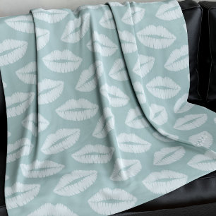 Sage Green Lipstick Kiss Pattern Fleece Blanket