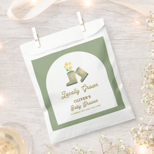 Sage Green Locally Grown Floral Boots Baby Shower  Favor Bag (Clipped)