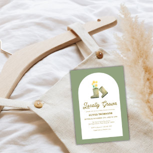 Sage Green Locally Grown Floral Boots Baby Shower Invitation