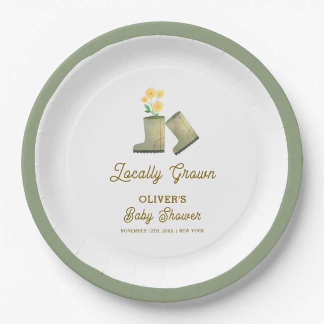 Sage Green Locally Grown Floral Boots Baby Shower  Paper Plates (Front)