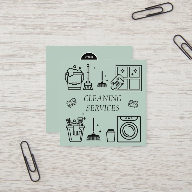 Sage Green Logo Cleaning Services Commercial Square Business Card (Front/Back In Situ)