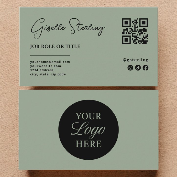 Sage Green Logo QR Code Minimalist Professional Business Card