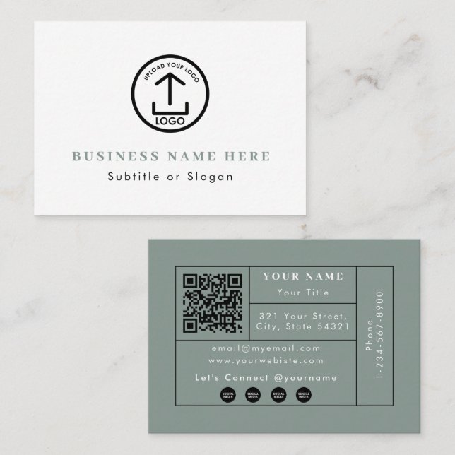 Sage Green Logo QR Code Social Media Contact Business Card (Front/Back)