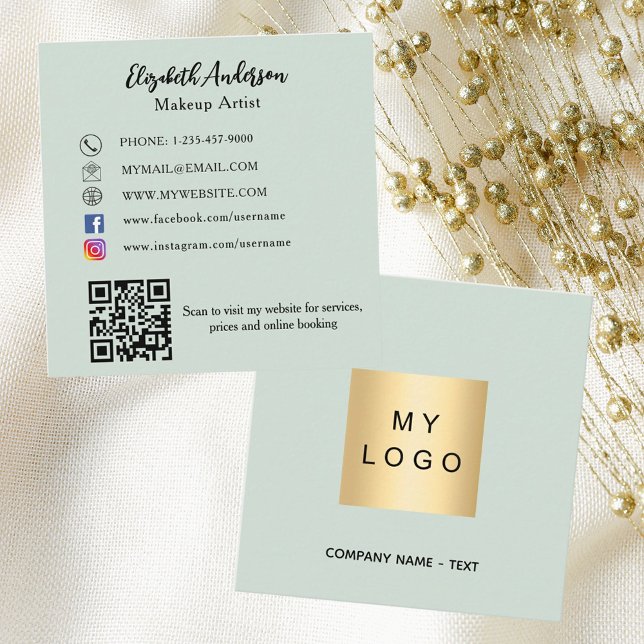 Sage green logo QR code social media Square Business Card (Creator Uploaded)