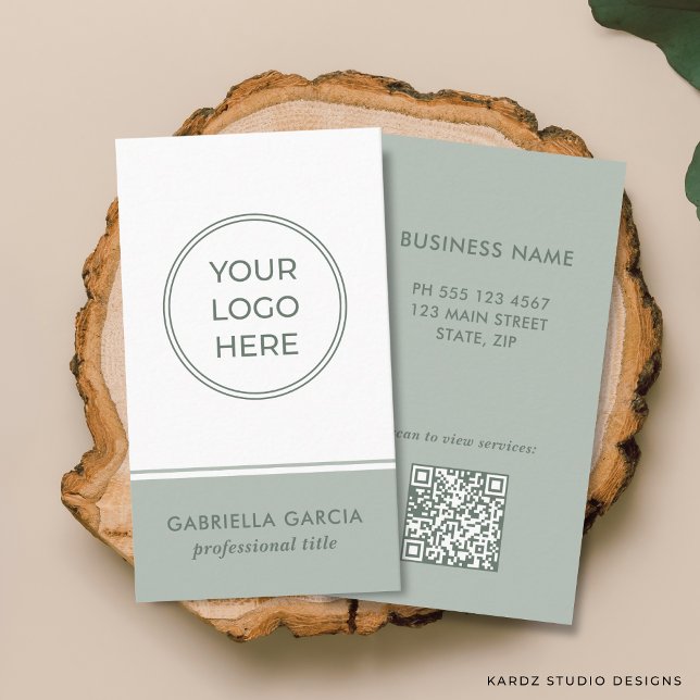 Sage Green Logo Scannable QR Code Business Card (Front and back of business card shown in 3.4 x 2 in. Choose size, paper and corner style.)