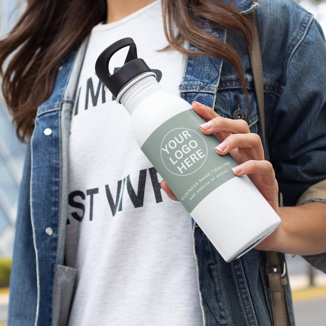 Sage Green Logo & Text l Promotional Business Stainless Steel Water Bottle (Creator Uploaded)