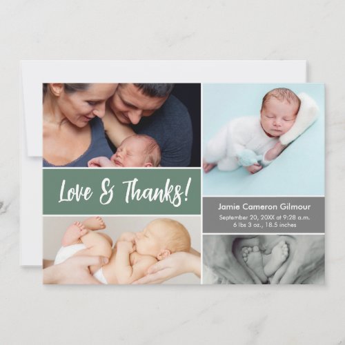 Sage Green Love and Thanks Photos Baby Shower  Thank You Card