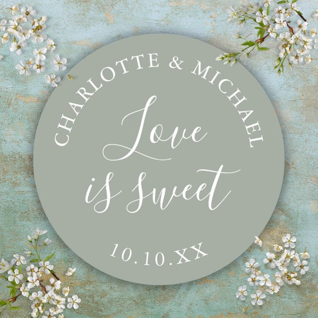 Sage Green Love Is Sweet Wedding Favor  Classic Round Sticker (Sage Green Love Is Sweet Wedding Favor Classic Round Sticker)