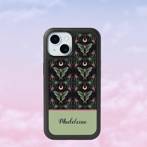 Sage Green Luna Moths and Pink Flowers Monogram iPhone 15 Case