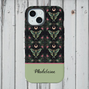 Sage Green Luna Moths Moon Pink Flowers Monogram iPhone 15 Case