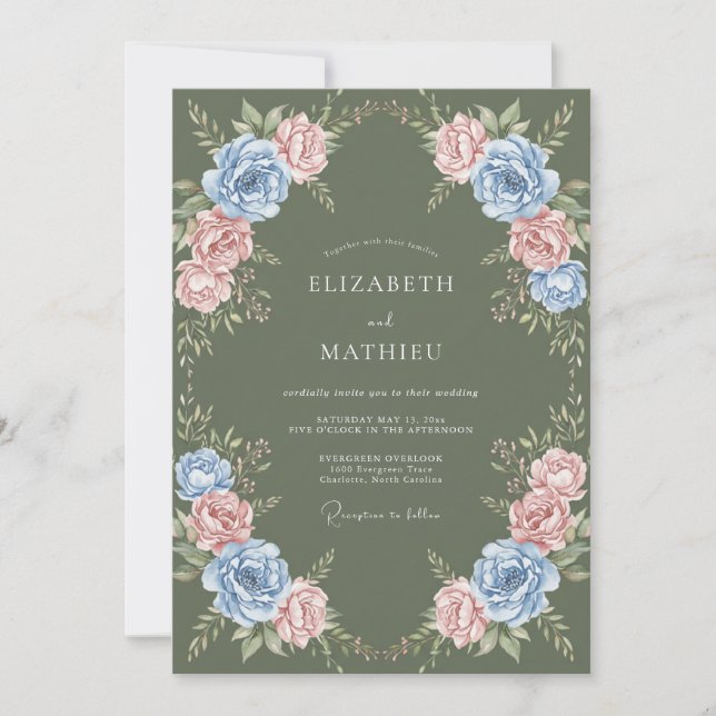 Sage Green Lustrous Floral Wedding Invitation (Front)