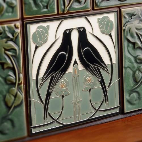 Sage Green Mackintosh Black Birds Art Deco Decor Ceramic Tile