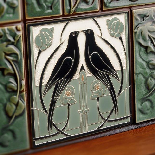 Sage Green Mackintosh Black Birds Art Deco Decor Ceramic Tile (Creator Uploaded)