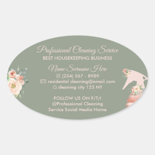 Sage Green Maid Spray Flower Cleaning Oval Sticker