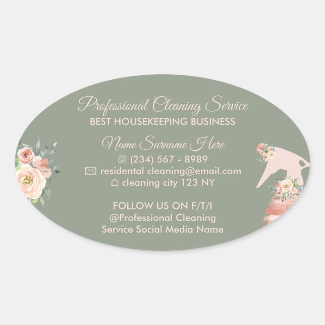 Sage Green Maid Spray Flower Cleaning Oval Sticker (Front)