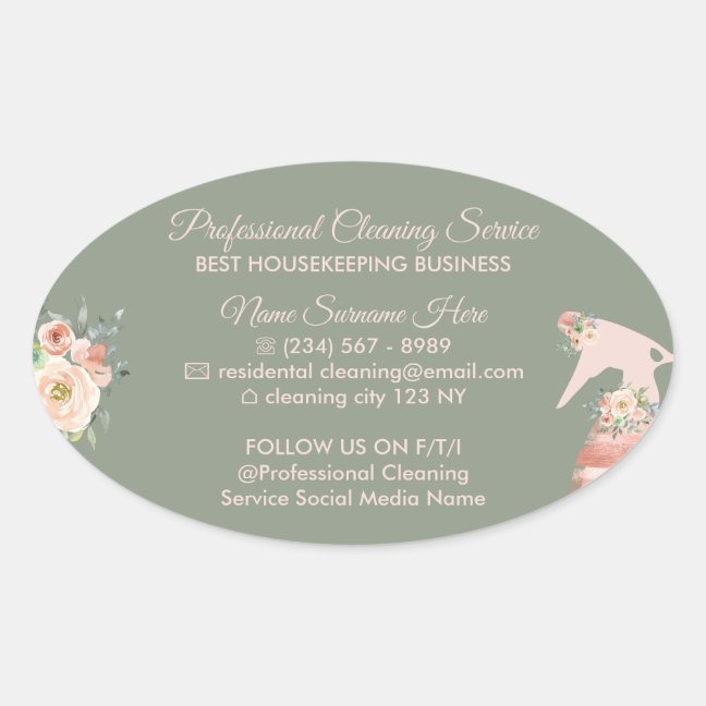 Sage Green Maid Spray Flower Cleaning Oval Sticker
