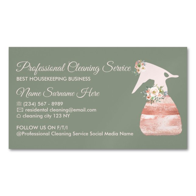 Sage Green Maid Spray Flower Glamour Cleaning Business Card Magnet (Front)