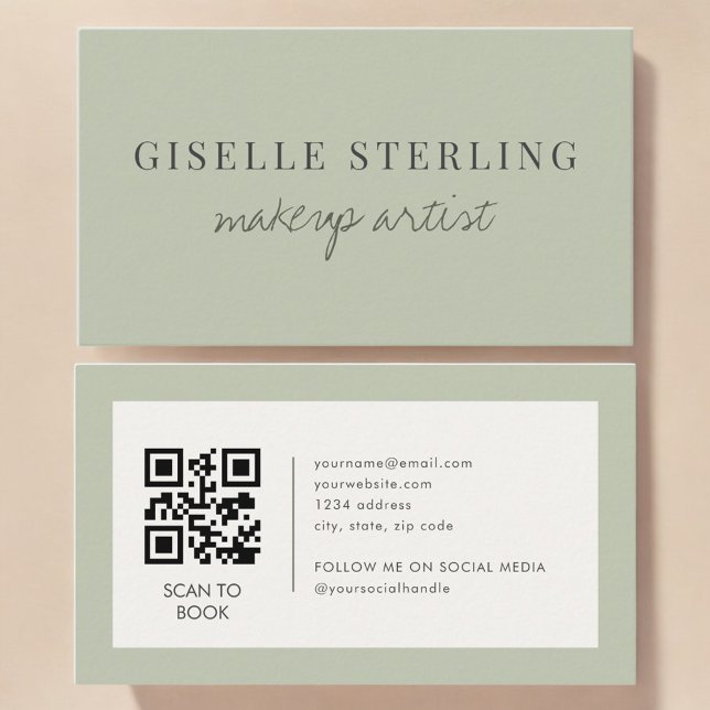 Sage Green Makeup Artist QR Code Business Card (Creator Uploaded)