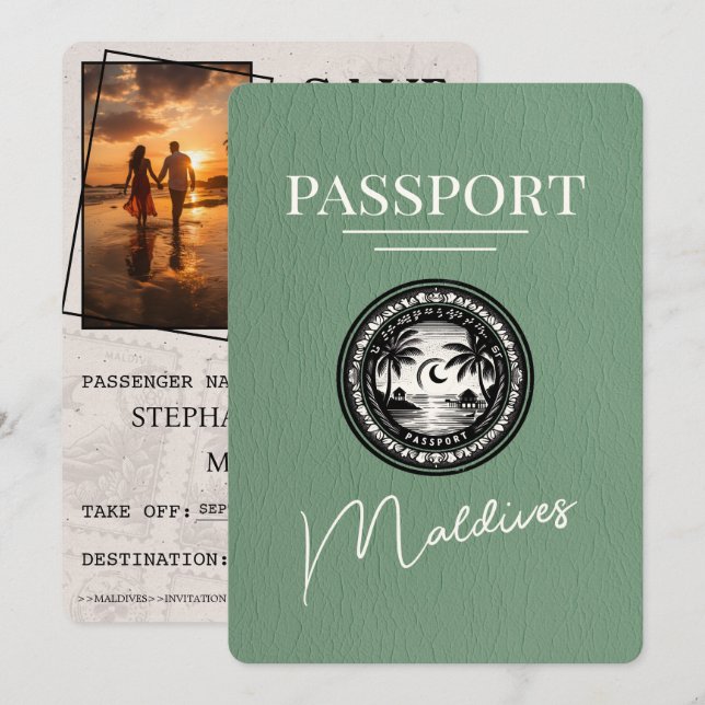Sage Green Maldives Passport Save The Date (Front/Back)
