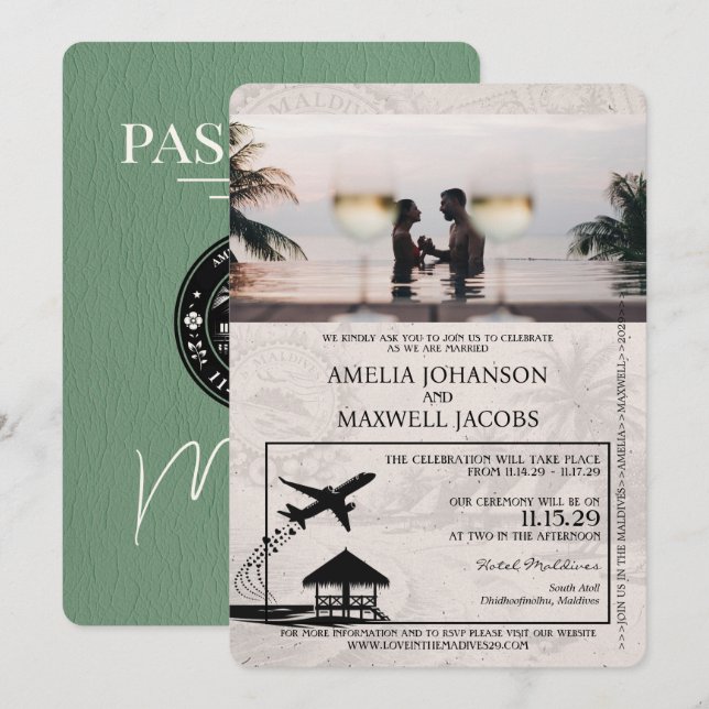 Sage Green Maldives Passport Wedding Invitation (Front/Back)
