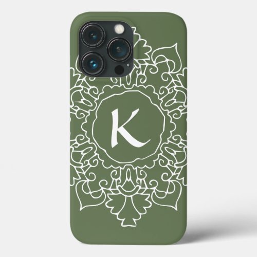 Sage Green Mandala Monogram Modern Simple Custom iPhone 13 Pro Case