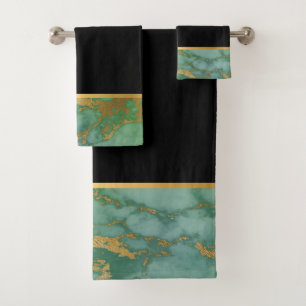 SAGE GREEN MARBLE GOLD BLACK BATHROOM TOWEL SET