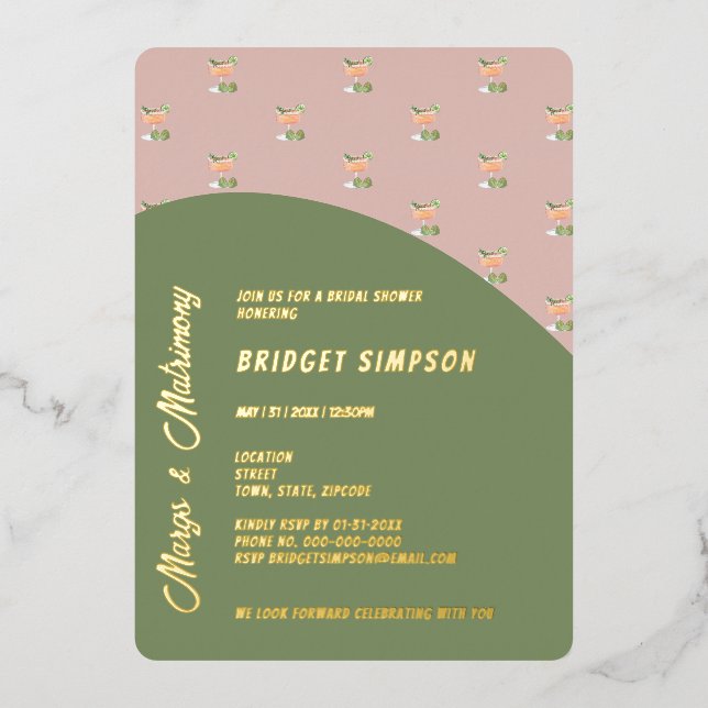 sage green margs and matrimony bridal shower  foil invitation (Front)