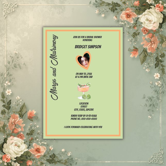sage green margs and matrimony bridal shower photo invitation (Creator Uploaded)