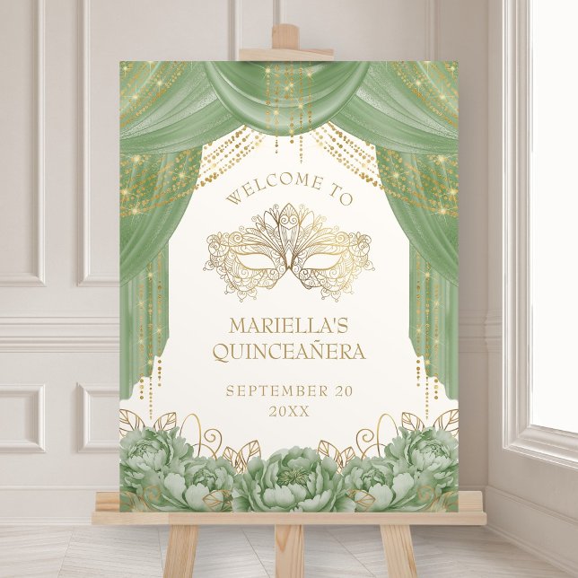 Sage Green Masquerade Mask Quinceanera Welcome Foam Board (Creator Uploaded)