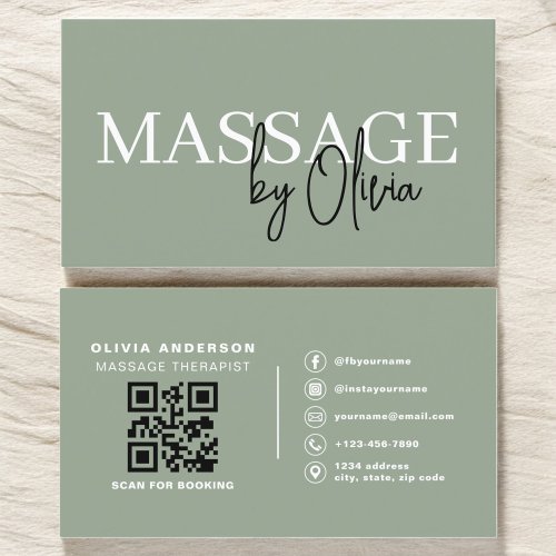 Sage Green Massage Therapist QR Code  Business Card