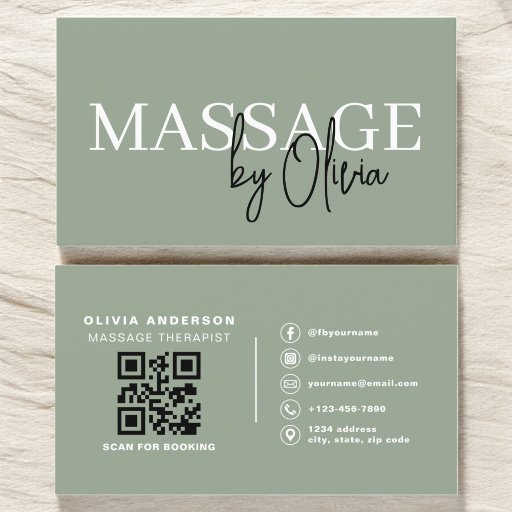 Customizable Sage Green Massage Therapist QR Code  Business Card