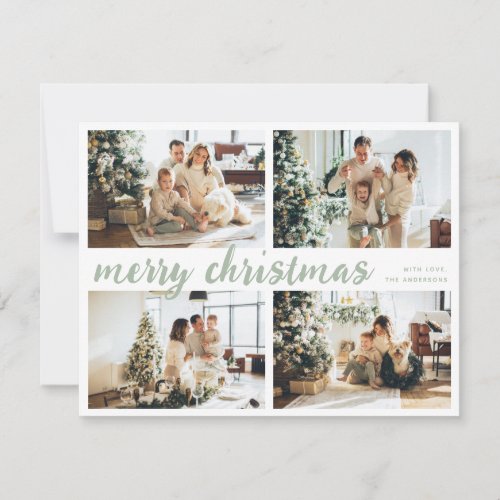 Sage Green Merry Christmas Calligraphy Four Photo Holiday Card