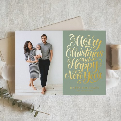 Sage Green Merry Christmas Calligraphy Photo Foil Holiday Card