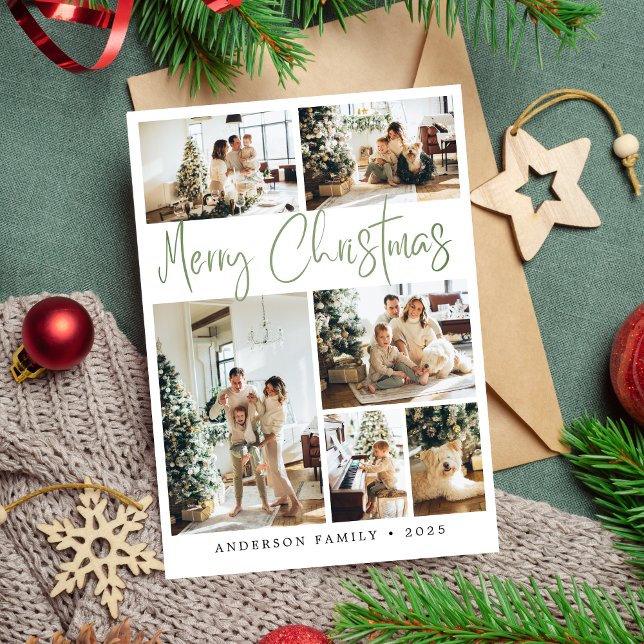 Sage Green Merry Christmas Calligraphy Photo Holiday Card (Creator Uploaded)