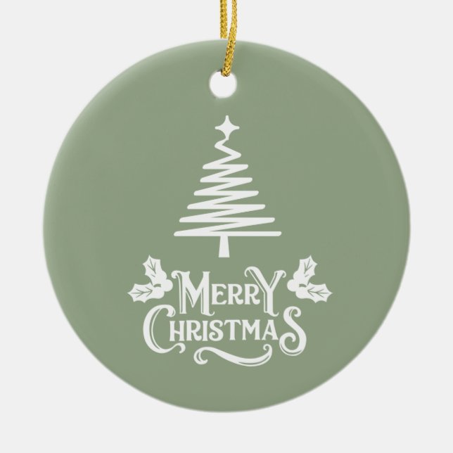 Sage Green Merry Christmas Ceramic Ornament (Front)