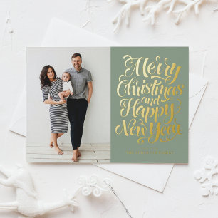 Sage Green Merry Christmas & Happy New Year Photo Foil Holiday Card