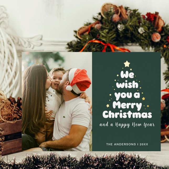 Sage Green Merry Christmas Tree Family Stars Foil Holiday Card (Creator Uploaded)
