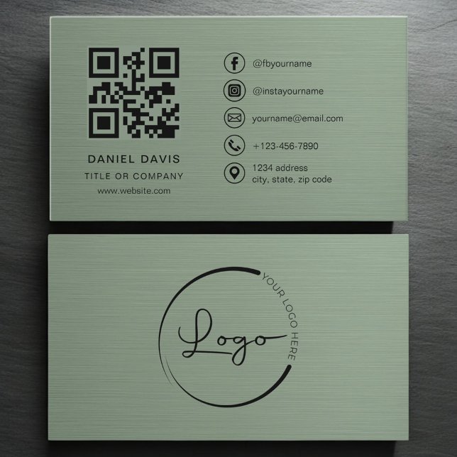 Sage Green Metallic Company Logo QR Code  Business Card (Creator Uploaded)