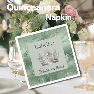 Sage Green Metallic Silver Tiara Crown Quinceañera Napkins