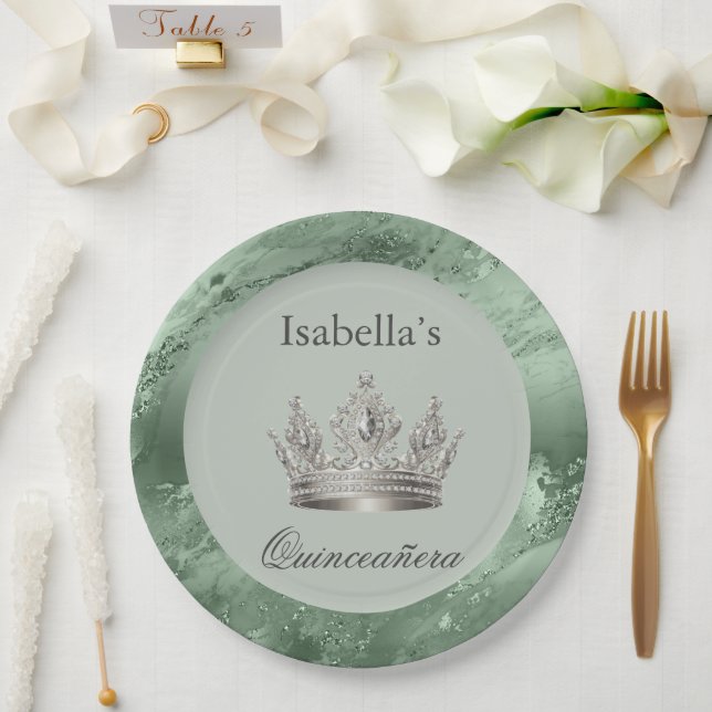 Sage Green Metallic Silver Tiara Crown Quinceañera Paper Plates (Wedding)
