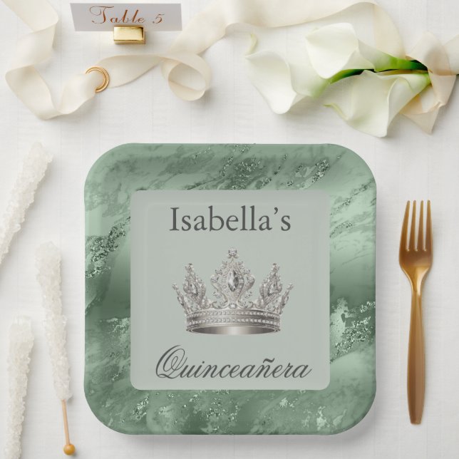 Sage Green Metallic Tiara Crown Quinceañera Paper Plates (Wedding)