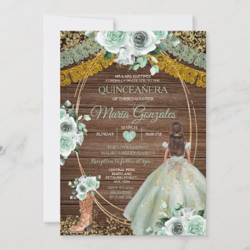 Sage Green Mexican Quinceaera Rustic Wood Invitation