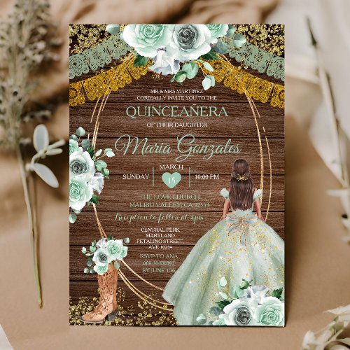 Sage Green Mexican Quinceaera Rustic Wood Invitation