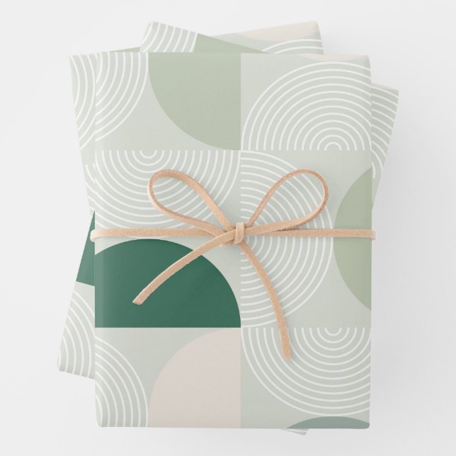 Sage Green Mid Century Contemporary Arch Line Art Wrapping Paper Sheets (In situ)
