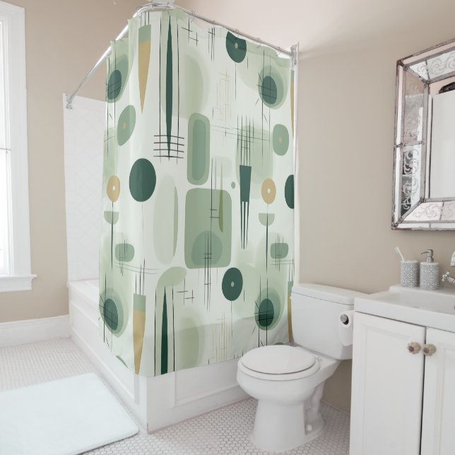 Sage Green Mid Century Modern Abstract Shower Curtain (In Situ)