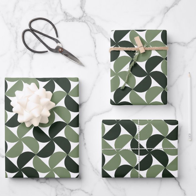 Sage Green Mid Century Modern Pattern Wrapping Paper Sheets (Front)